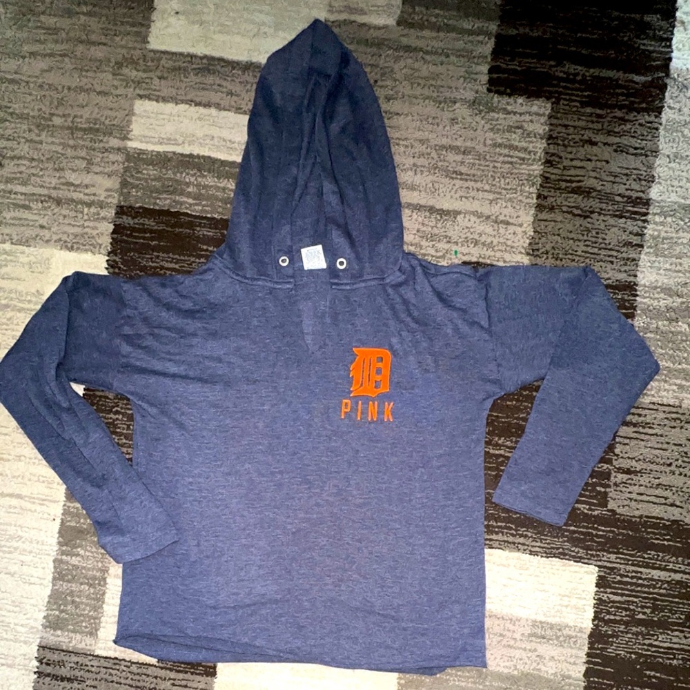 Pink Victoria Secret Long Sleeve Hoodie Shirt Blue Women's Size Med Detroit logo